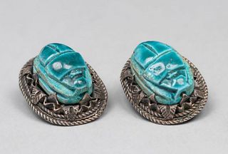 Ceramic Scarab Sterling Silver Earrings c1920s