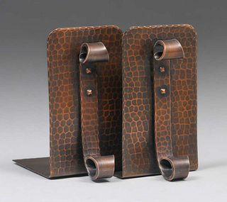 Roycroft Hammered Copper Center-Strap Bookends c1920s