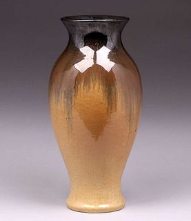 Fulper Pottery Butterscotch Mirror Black Flambe Vase c1910