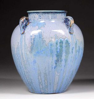 Large & Impressive Fulper Pottery Four-Handled Blue Crystalline Bulbous Vase c1910s