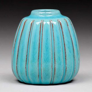 California Faience Ribbed Turquoise Vase c1920s