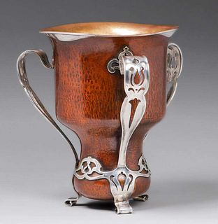 Gorham Athenic Hammered Copper & Silver Three-Handled Vase c1900s