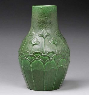 Large Grueby Pottery Matte Green Stacked Leaves Vase c1905