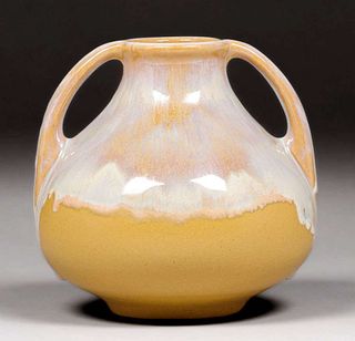 Fulper Pottery Two-Handled Ivory Drip Yellow Vase c1910s