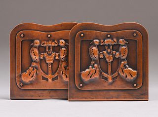 Arts & Crafts Hammered Copper Cutout Love Birds Bookends c1910