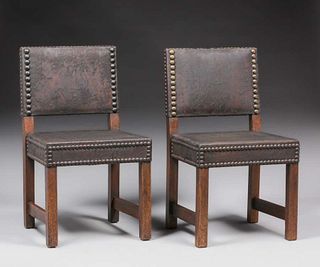 Early Gustav Stickley Pair #1295 Leatherback Side Chairs c1902