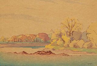 Walter J. Phillips Color Woodblock "Autumn, Assinboine River" Saskatchewan 1931