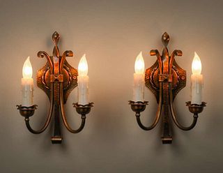 Pair Roycroft Hammered Copper Candle Light Sconces c1920s.