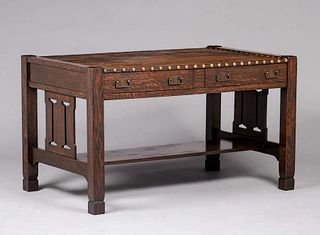 Grand Rapids Two-Drawer Cutout Leather-Top Library Table c1905
