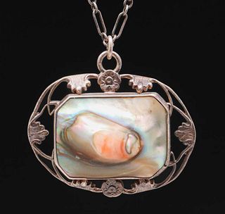Arts & Crafts Sterling Silver Blister Pearl Pendant Necklace c1910