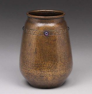 Arts & Crafts Hammered Brass Jeweled Vase c1910