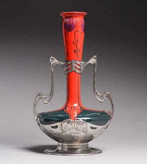 OsirisÂ Art Nouveau German Pewter Overlay Zsolnay Vase c1905