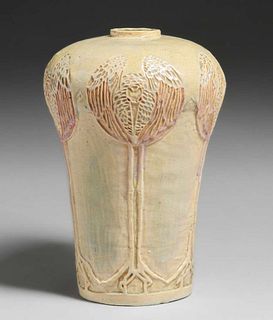 Adelaide Robineau Influenced Carved Stork Vase c1910