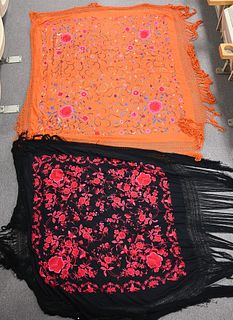 Two Chinese Silk Embroidered Piano Shawls, one black with red flower motif along with an orange and pink shawl having blue flower motif, approximate s