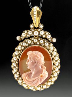 Neoclassical Gold / Pearl Pendant w/ Carnelian Cameo