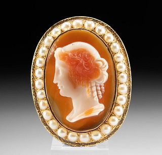 Fine Neoclassical Gold & Pearl Brooch & Agate Cameo