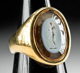 19th C. Neoclassical Gold Ring, Agate Intaglio Nude Man