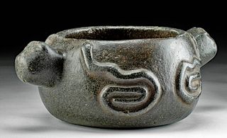 Fine Inca Black Basalt Vessel Jaguar Heads & Serpents