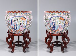 Pair of Chinese Famille Rose Enameled Porcelain Goldfish Bowls