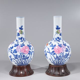 Pair of Chinese Famille Rose Enameled Porcelain Vases drilled for Lamps