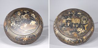 Two Chinese Gilt Lacquer Circular Covered Wooden Nesting Boxes