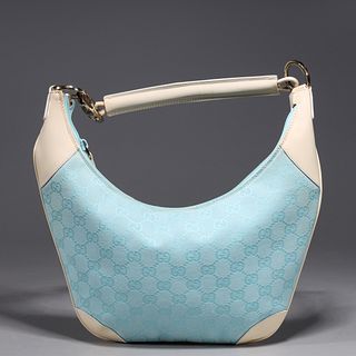 Gucci Baby Blue Monogram & Cream Patent Leather Handbag