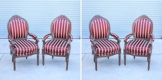 Pair of Carved Wood Upholstered Armchairs