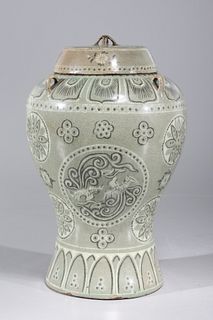 Korean Celadon Glazed Covered Jar
