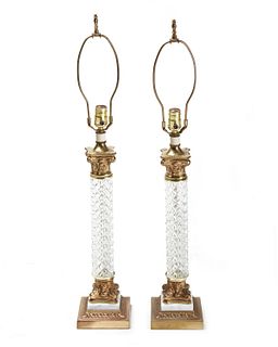 A pair of glass and gilt-metal table lamp bases