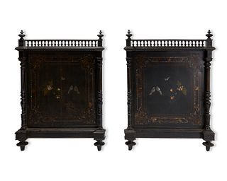 A pair of Continental mother-of-pearl inlaid iron headboards