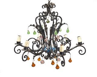 A crystal and wrought iron chandelier