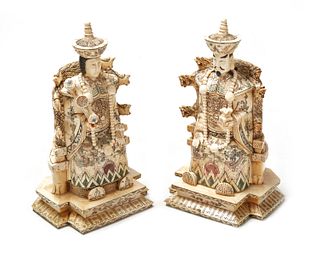 A pair of Chinese bone veneer imperial figures
