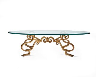 A gilt-iron and glass coffee table