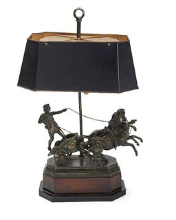 A mixed-metal chariot table lamp