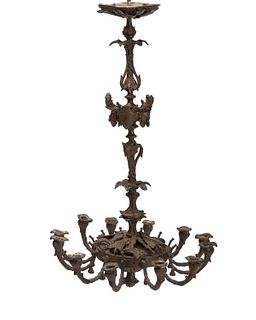 An armorial-style bronze chandelier