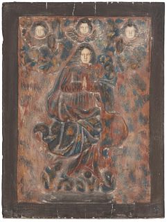 An "Our Lady of Immaculate Conception" carved wood retablo