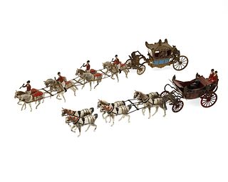 A group of Britains Ltd. horse drawn carriage lead toys