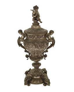 A Portuguese silvered-bronze lidded urn