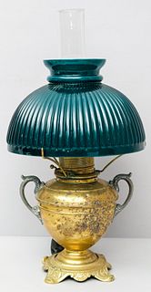 Antique Brass Lamp with Green Glass Shade