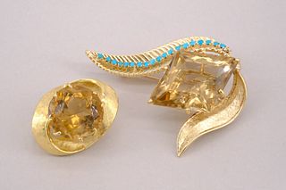 Group of Two Gold Citrine Brooches