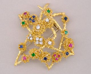 Large French 18K Gold & Jewel Encrusted Fur Clip