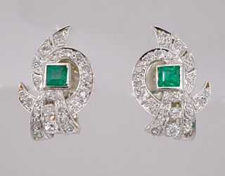 Art Deco Platinum Diamond Emerald Earrings