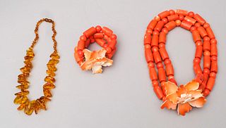 Lot of Carved Coral & Amber Jewelry