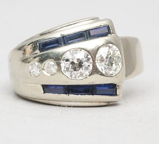 Art Deco Style 14K Gold Diamond & Sapphire Ring