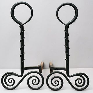 Pair Wrought Iron Camp Style 19th C Andirons