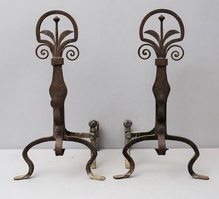 Antique Engraved Wrought Arts & Crafts Andirons
