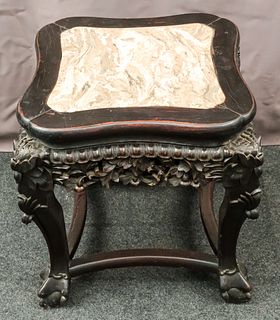 Chinese Marble-Topped Carved Wood Table/Stand