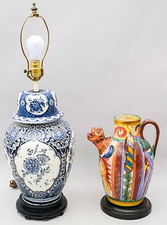 Large Delft Style Lamp with Italian Majolica Vase