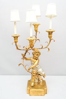 Large Gilded Multi-Light Putti Candelabra Lamp