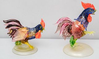 Pair of Murano Glass Rooster Figurines